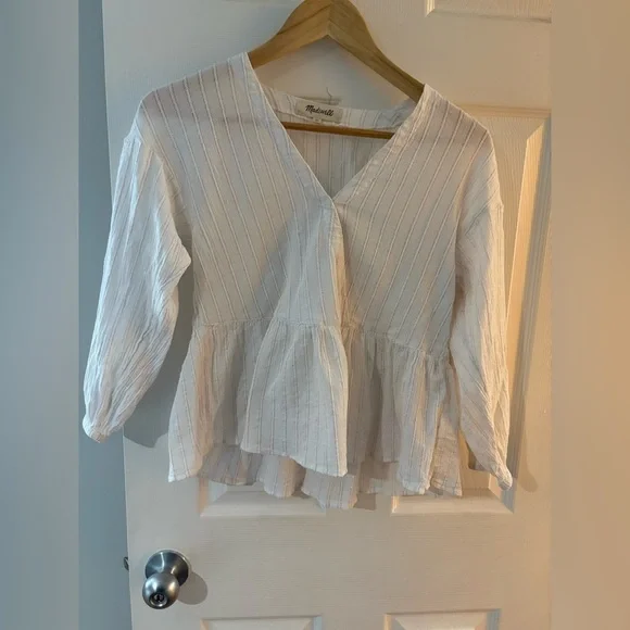 Madewell bubble sleeve peplum top metallic thread stripe size XS - Picture 4 of 14